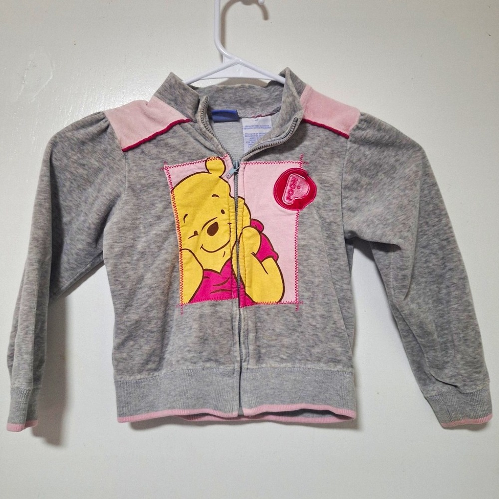 Vintage Disney Winnie The Pooh Girls 4T Full Zip Grey Pink Jacket Sweatshirt